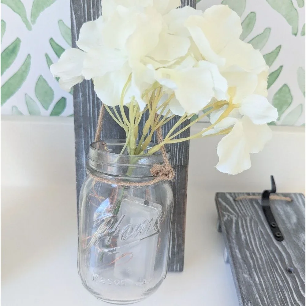 Gray Wood Wall Hooks Hanging Mason Jars Lights And Flowers Decor Cottagecore