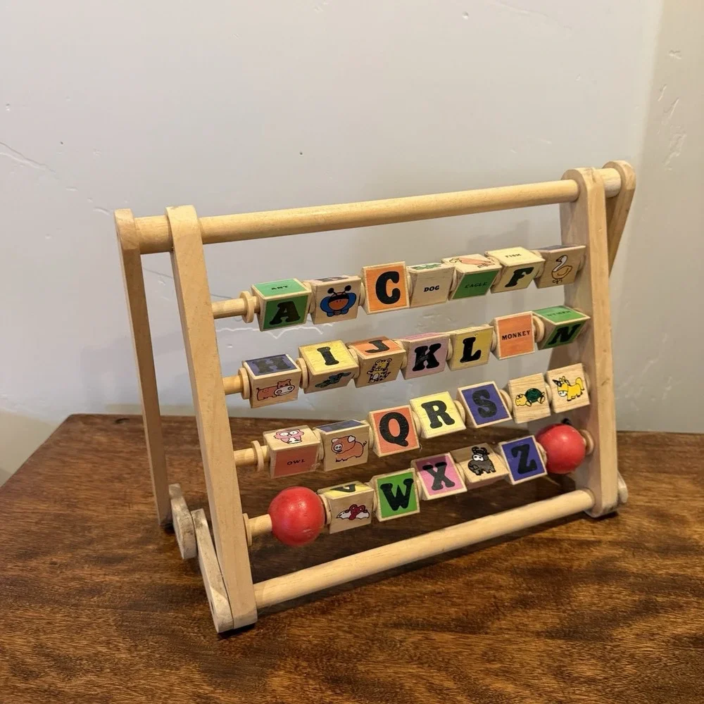 Vintage‎ Alphabet Abacus Kids Toy Double Sided Pictures Letters Educational Wood