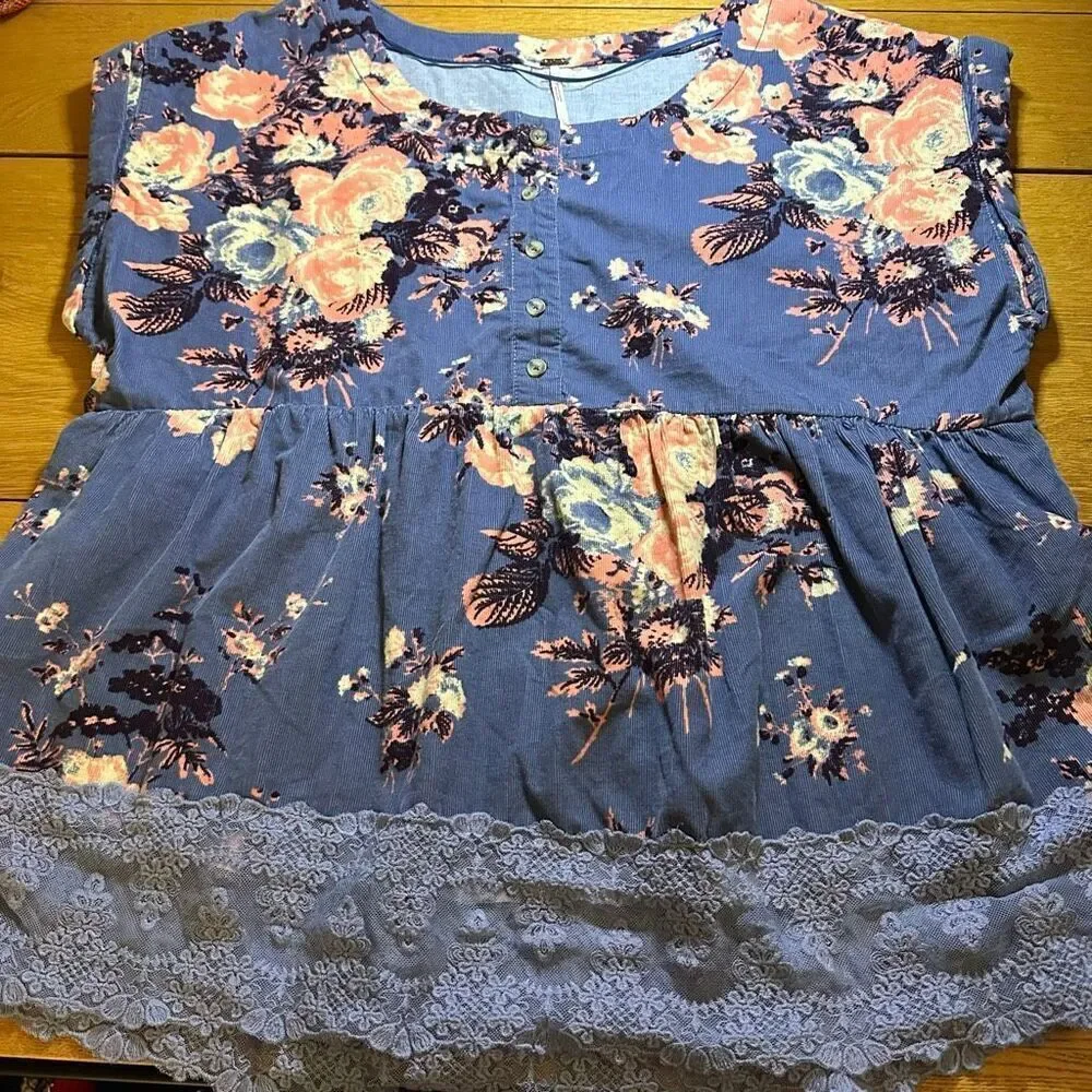 Free People Harper floral corduroy blue blouse large