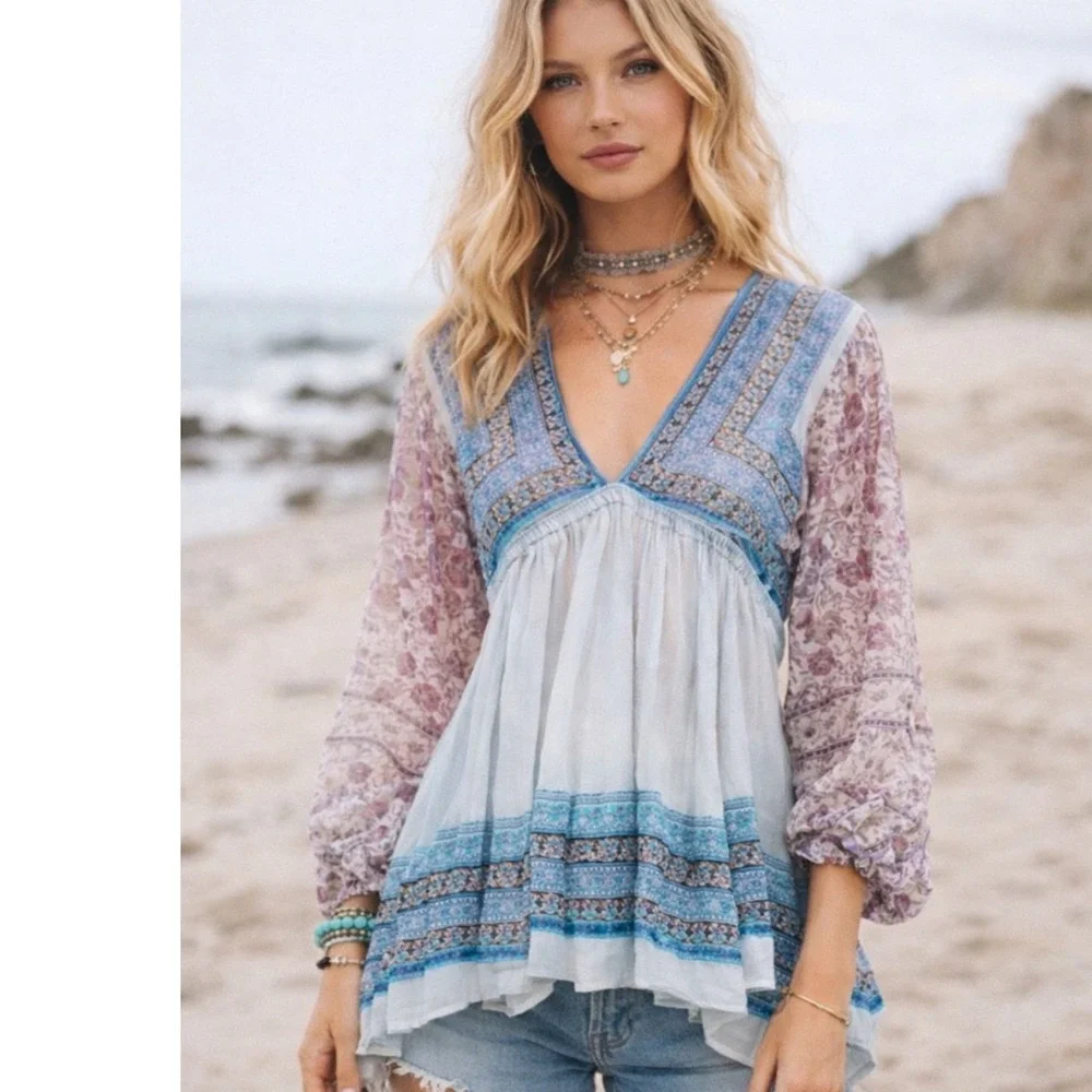 Free‎ People Alyiah Blouse Boho Puff Sleeve Top Blouse sz S