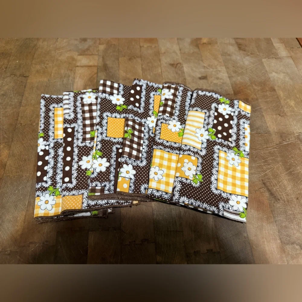 Vintage Brown and Yellow Floral Patchwork Napkins Set of 6