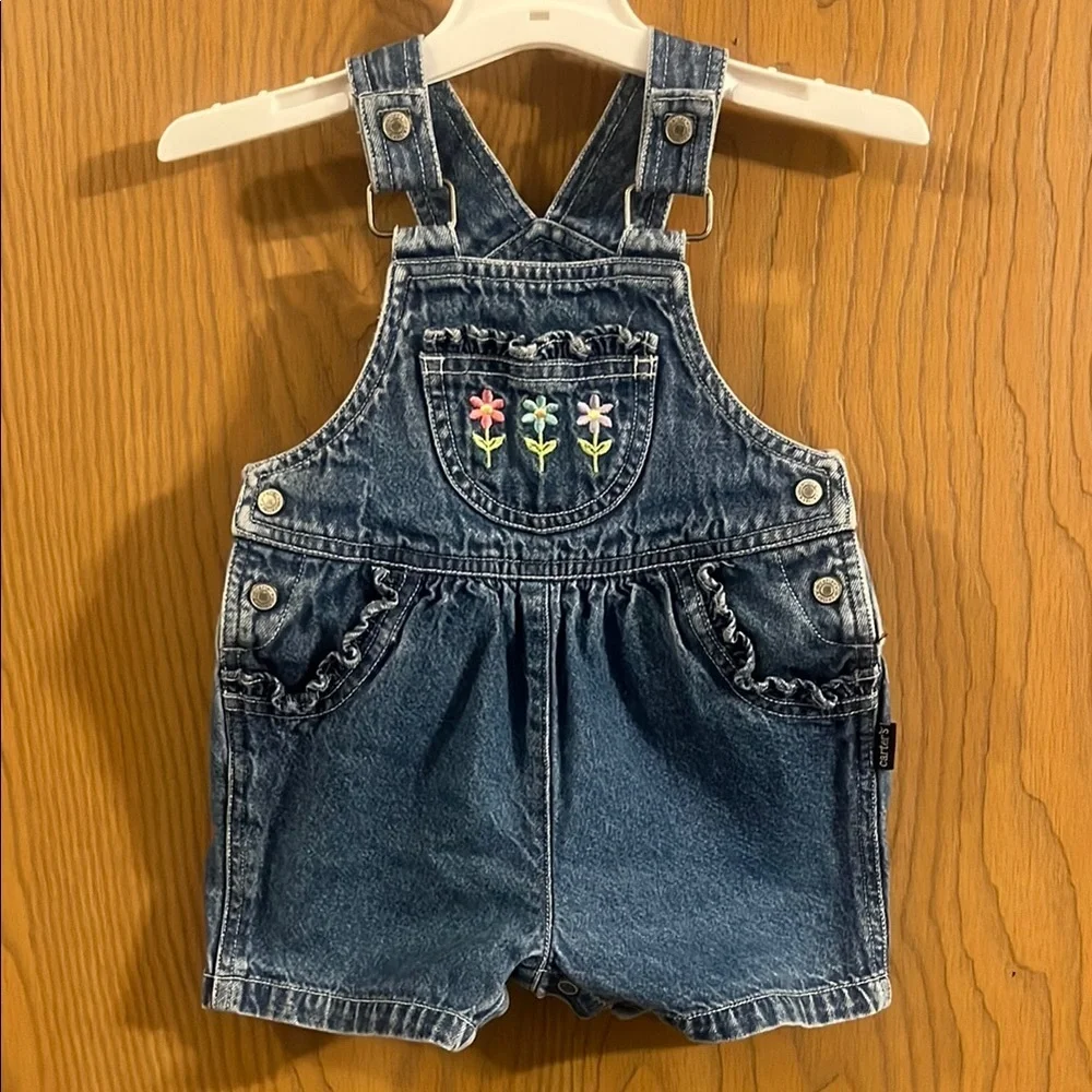Vintage Carter's Blue Denim Overalls‎ with Flower Embroidery 9-12M