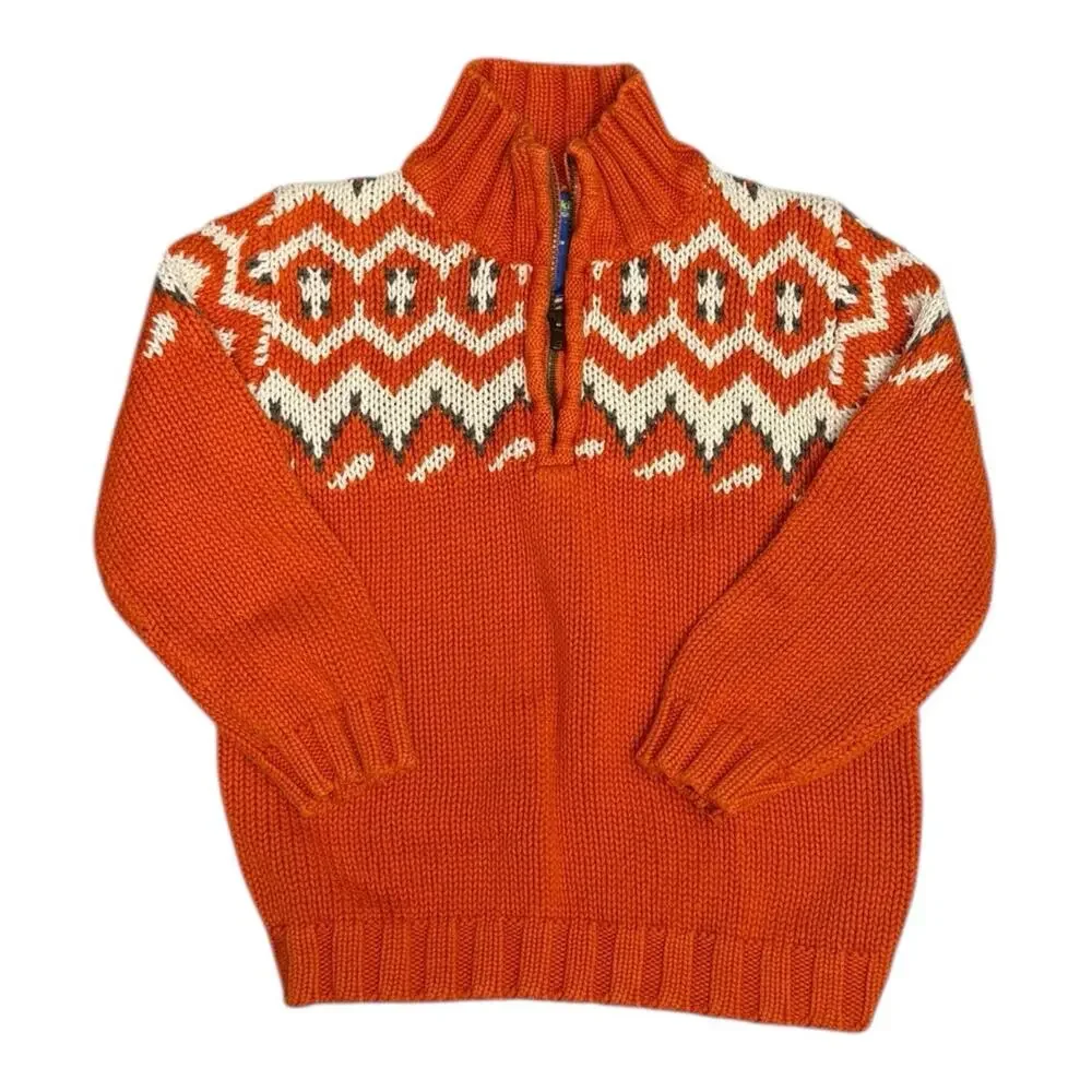Osh Kosh B'gosh Fair Isle Sweater Boys Sz 4T Orange White 1/4 Zip Neck VGC