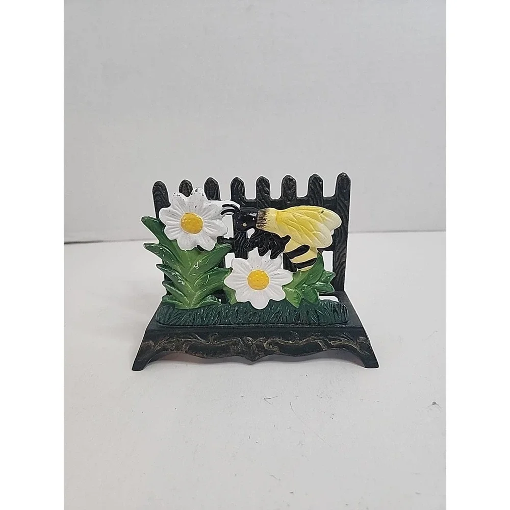 Vintage Cast Iron Daisies & Bumblebee Napkin Letter Holder 5.5