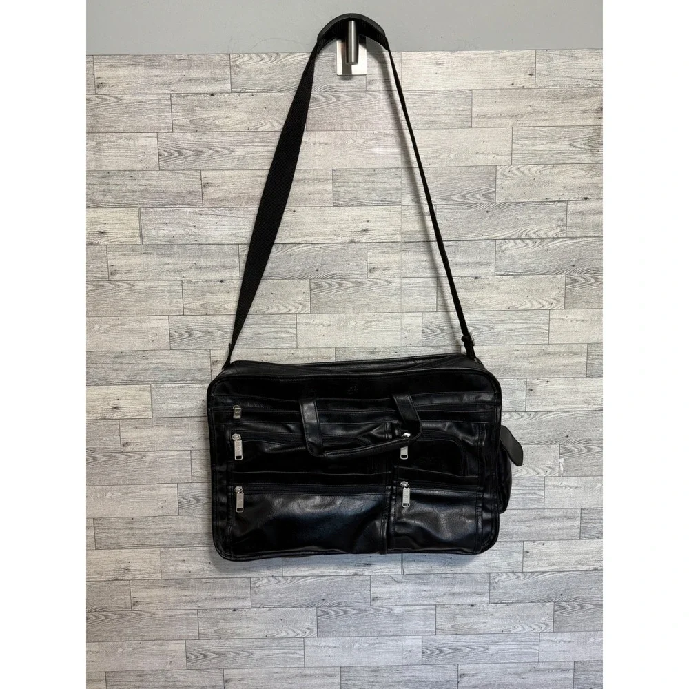 Philippe Amiel‎ Black Leather Multi-Pocket Travel Bag Briefcase Adjustable Strap