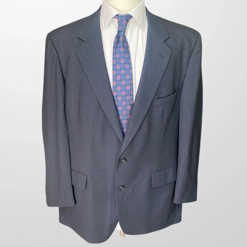 Vtg Brooks Brothers 48L Union Made in USA Wool Glen Plaid Navy Black Blazer Wool