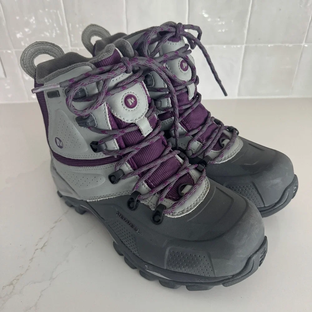 Merrell Whiteout 8 Waterproof Winter Boots Womens 7 Grey Purple 400g Insulated