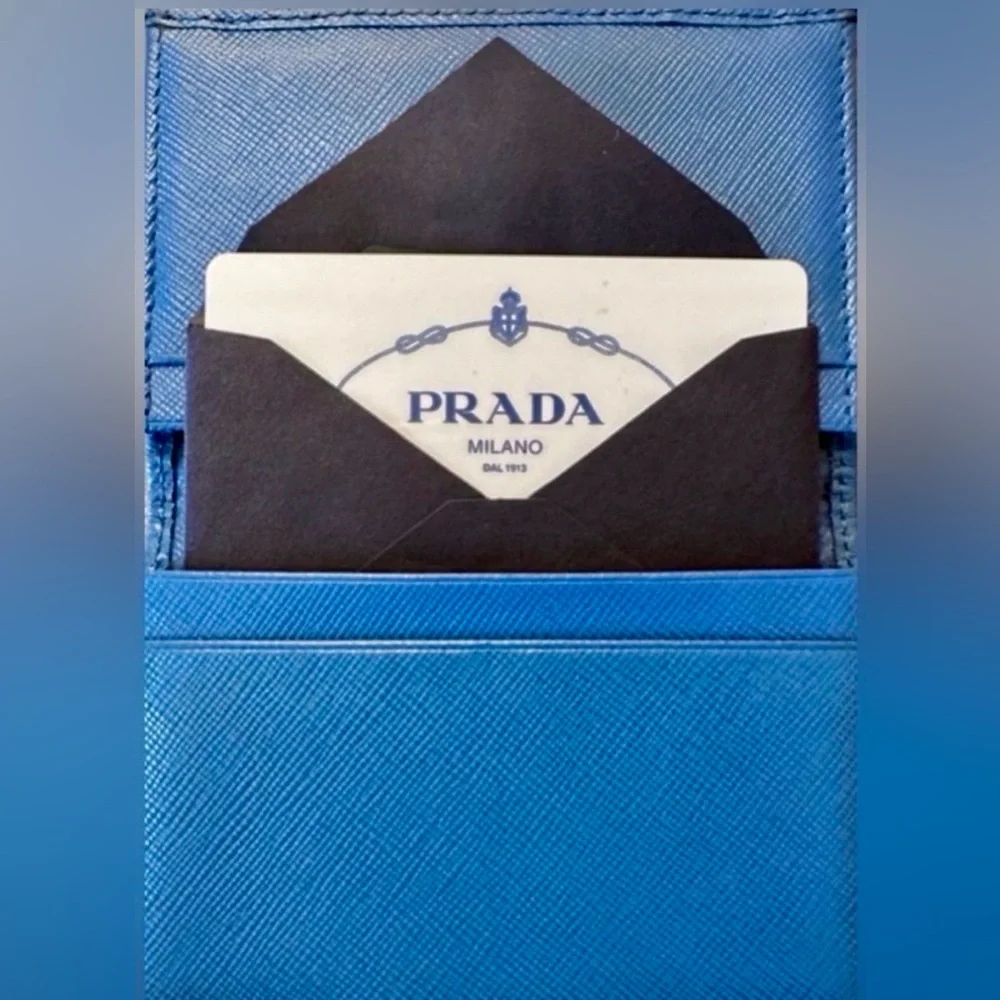 PRADA COBALT BLUE Vertical Saffiano Leather Cardholder w/Box and Cards.