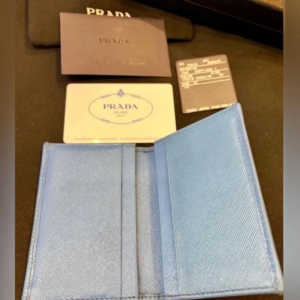 PRADA COBALT BLUE Vertical Saffiano Leather Cardholder w/Box and Cards.