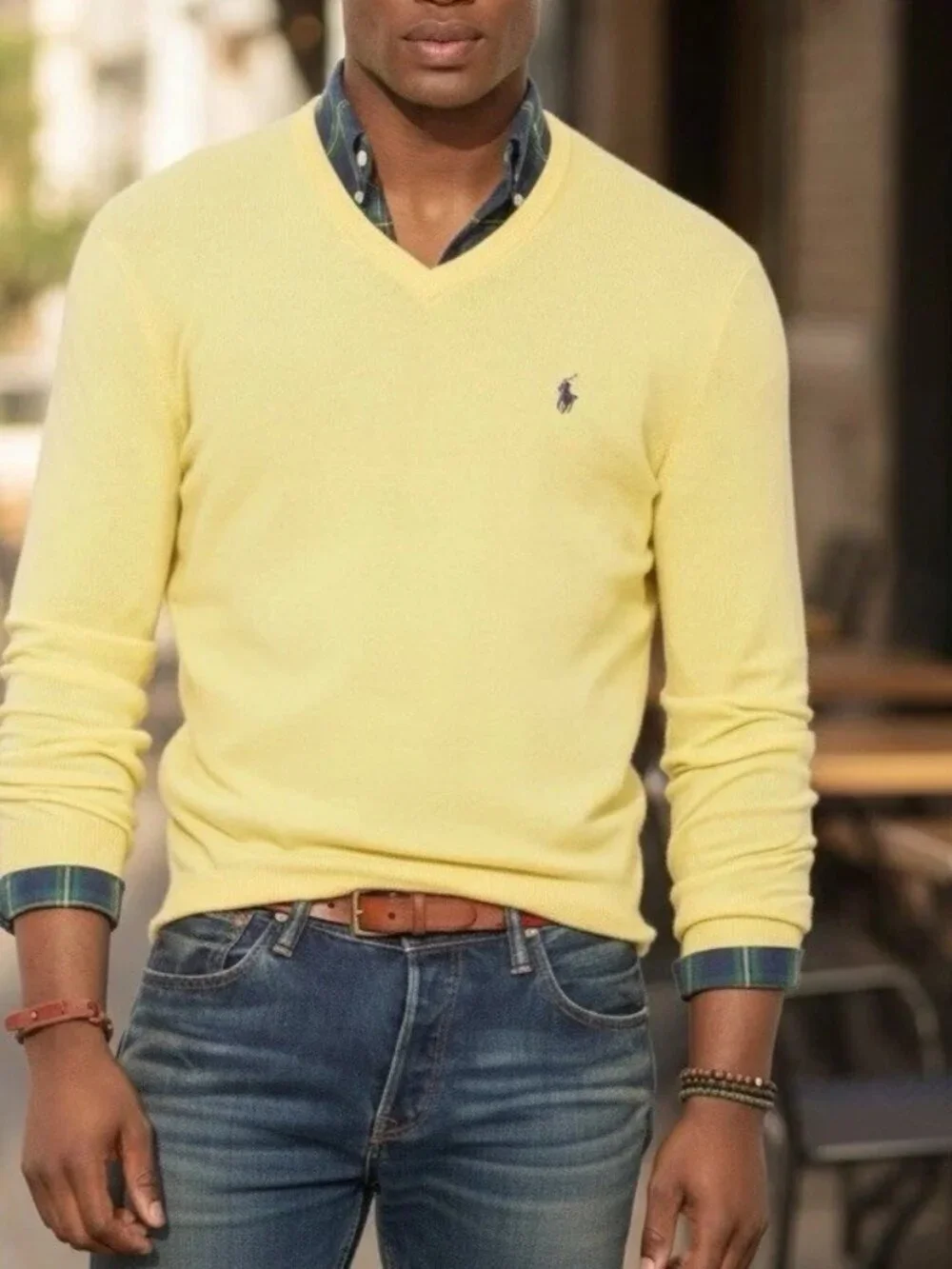Polo Ralph Lauren sz L Pony V-Neck Yellow Pima Cotton Mens Preppy Tennis Sweater