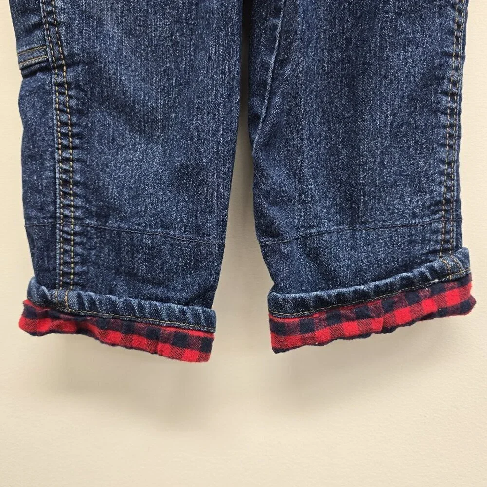 Oshkosh B’Gosh Bib Overalls Size 3T Plaid Cuffs Adjustable Straps Blue Denim