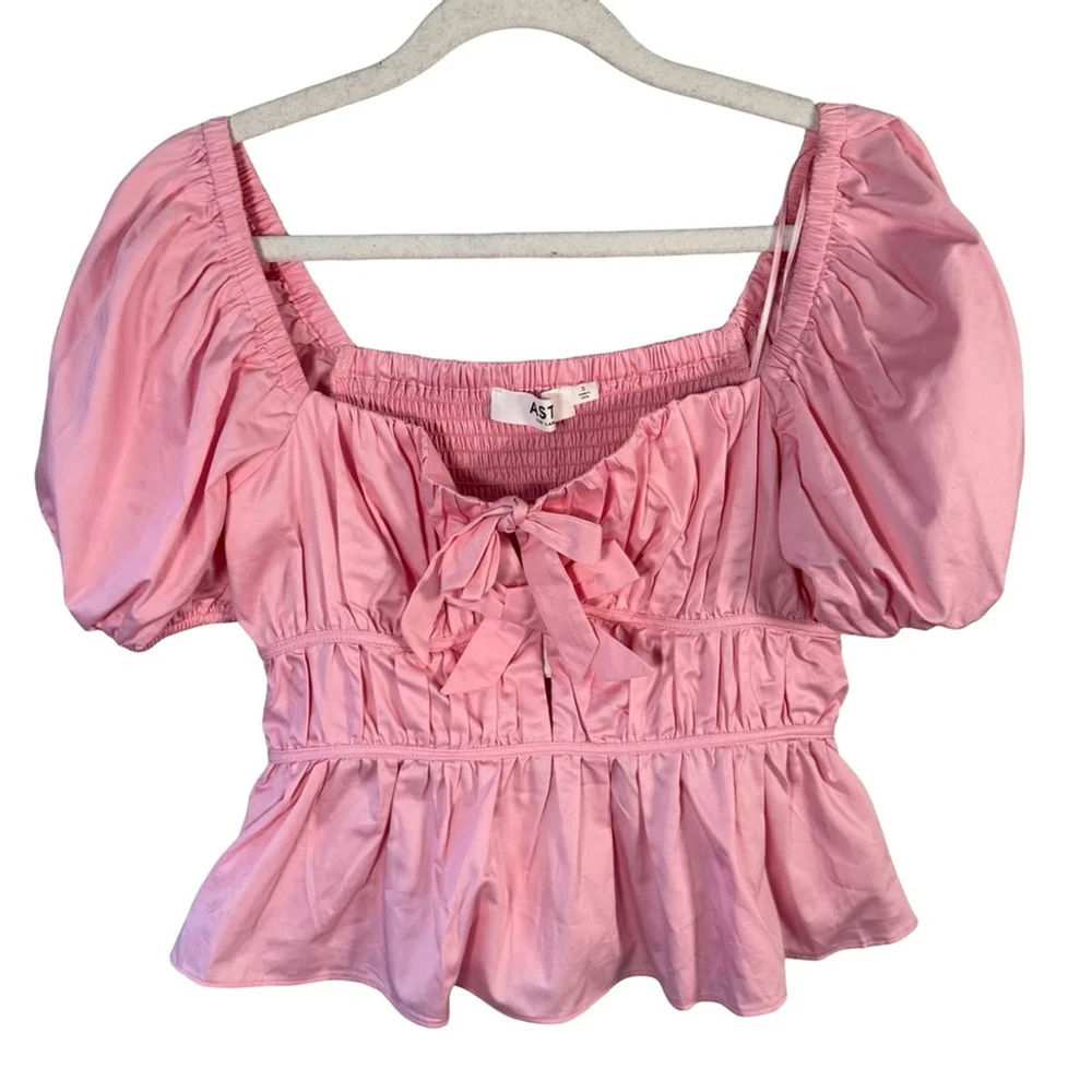 Astr The Label Smocked Pink Puff Peplum Sleeve Blouse Size S Cottagecore Boho