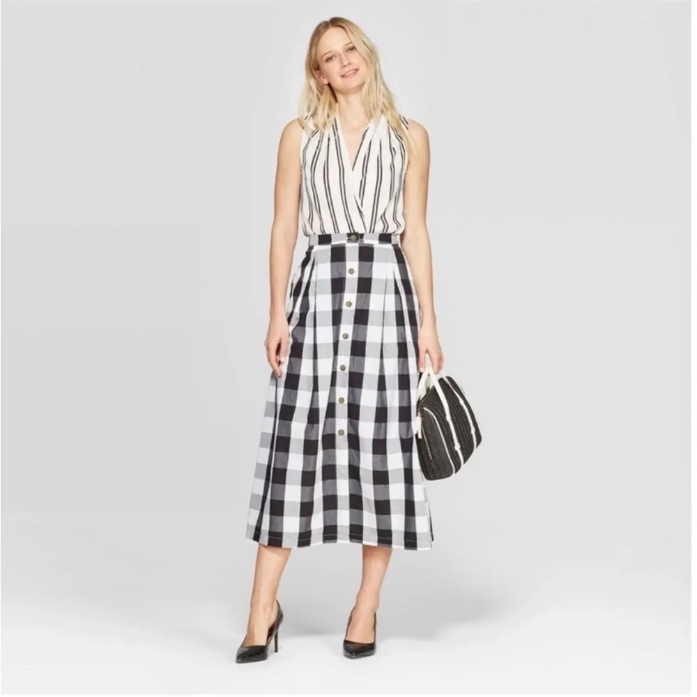 Who What Wear Black and White Plaid Button Front Full Midi Skirt