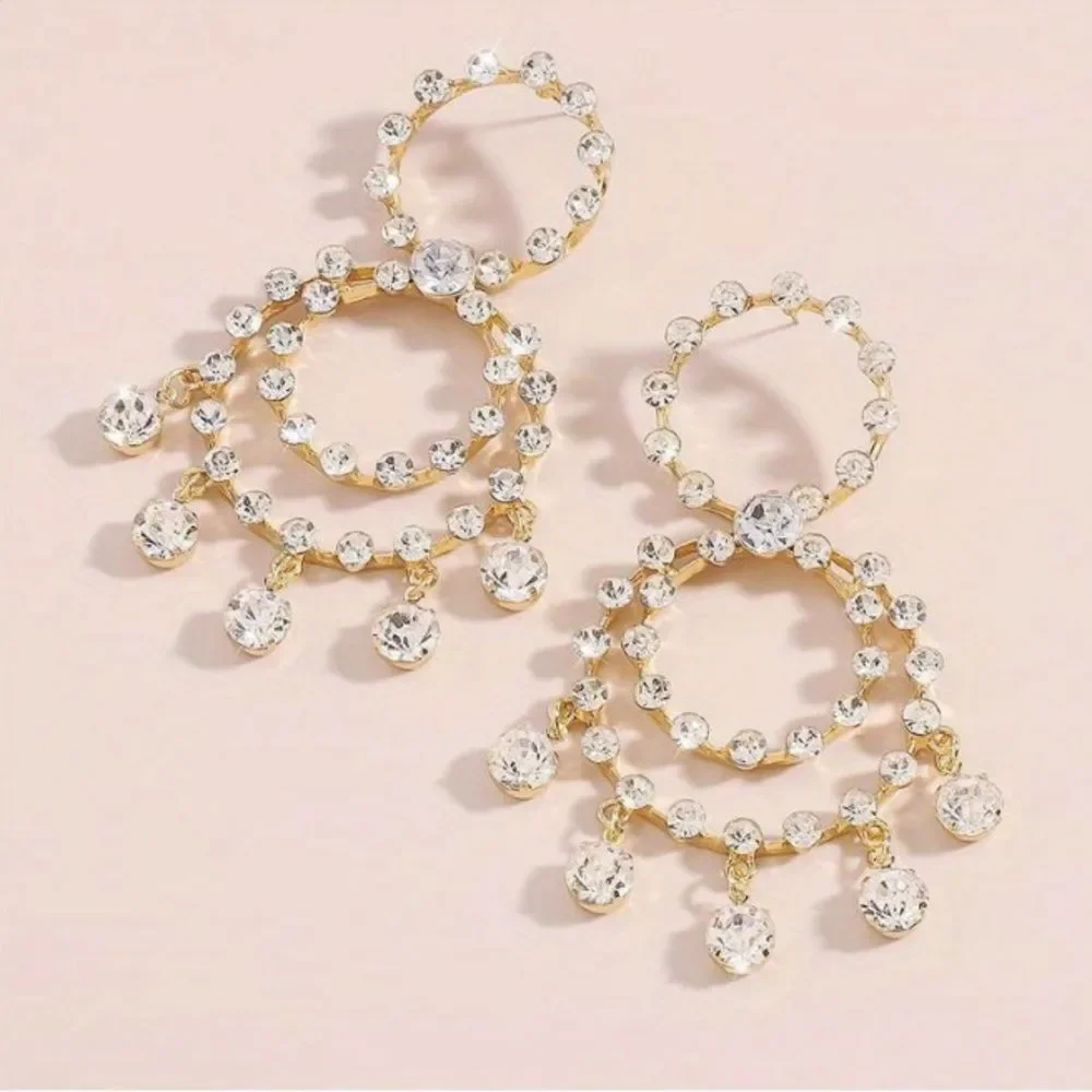🔅🆕🔅 STUNNING Statement Golden Circle Shiny Rhinestone Dangle Earrings ✨