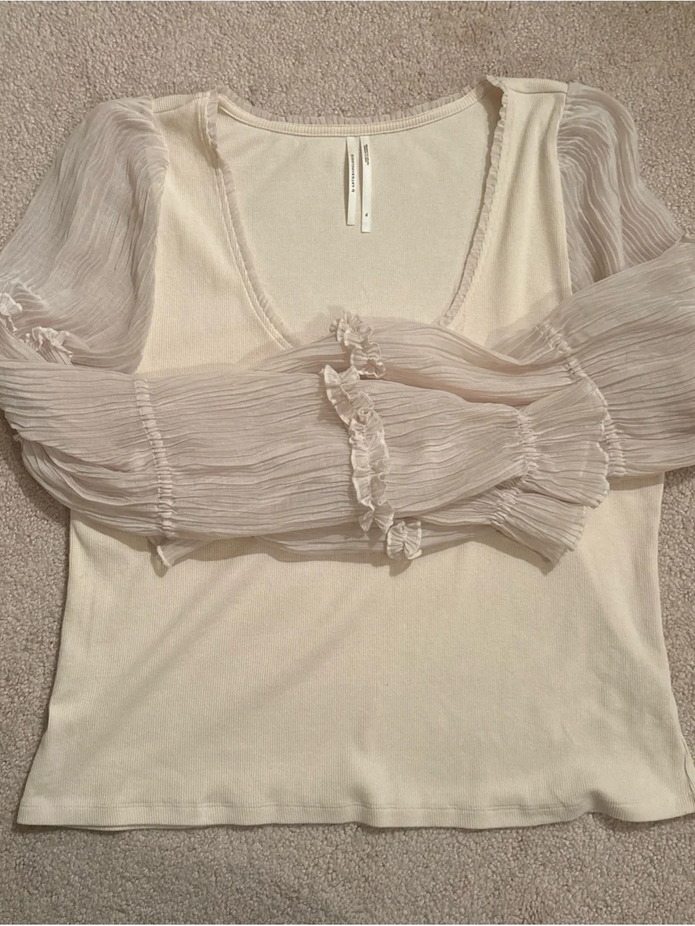 Anthropologie Cream Sheer-Puff Long-Sleeve Scoop Top