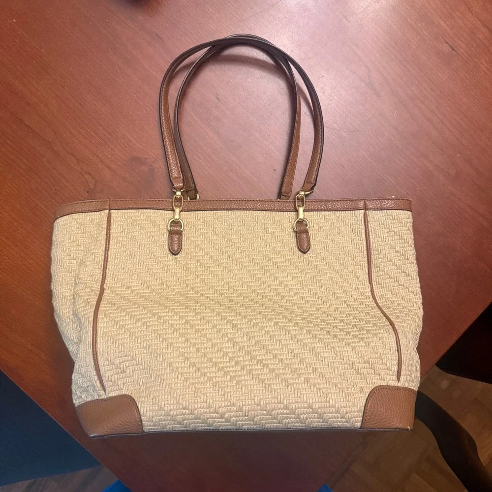 Ralph Lauren woven straw gold faux leather tote bag purse classic summer resort