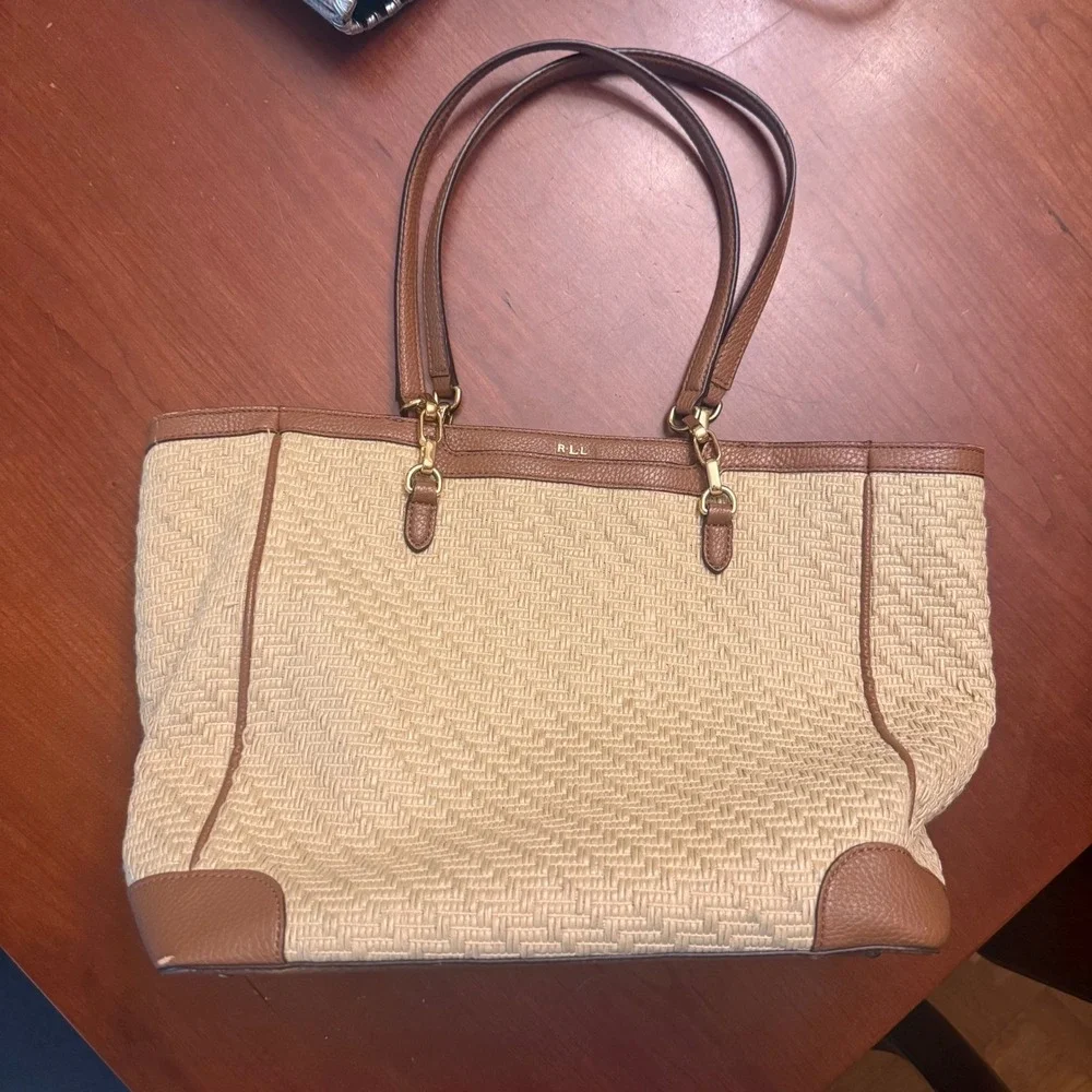 Ralph Lauren woven straw gold faux leather tote bag purse classic summer resort