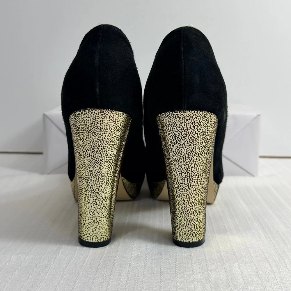 Menbur Womens Heels 40 Suede Peep Toe Platform Bow Gold Block Heel Black