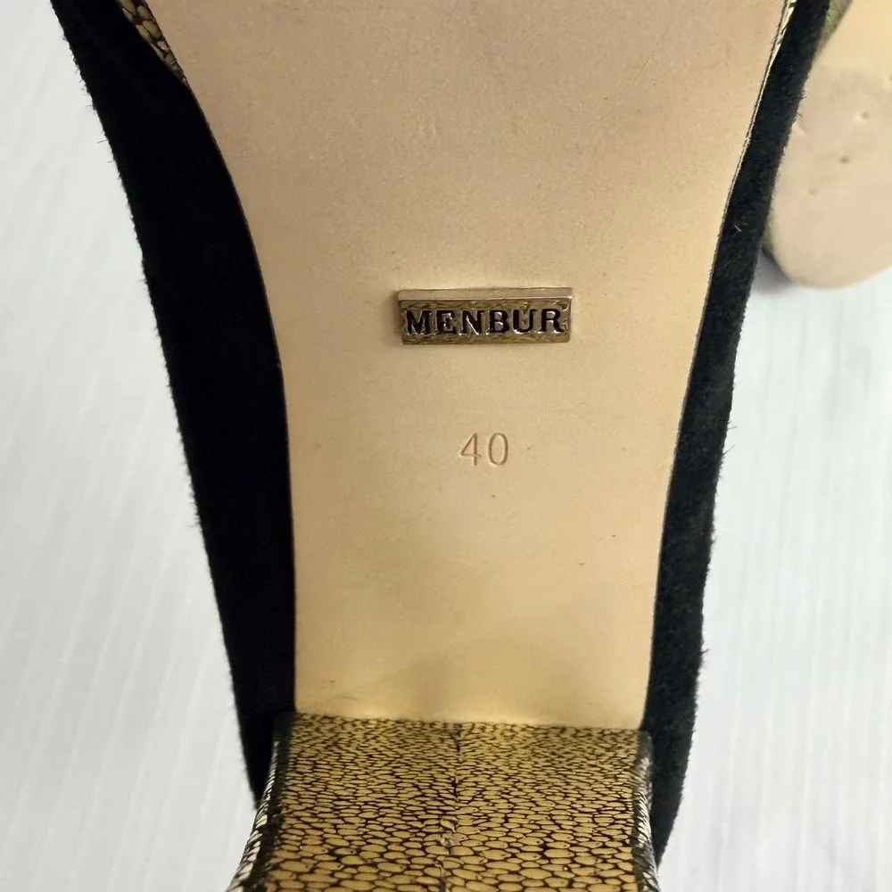 Menbur Womens Heels 40 Suede Peep Toe Platform Bow Gold Block Heel Black
