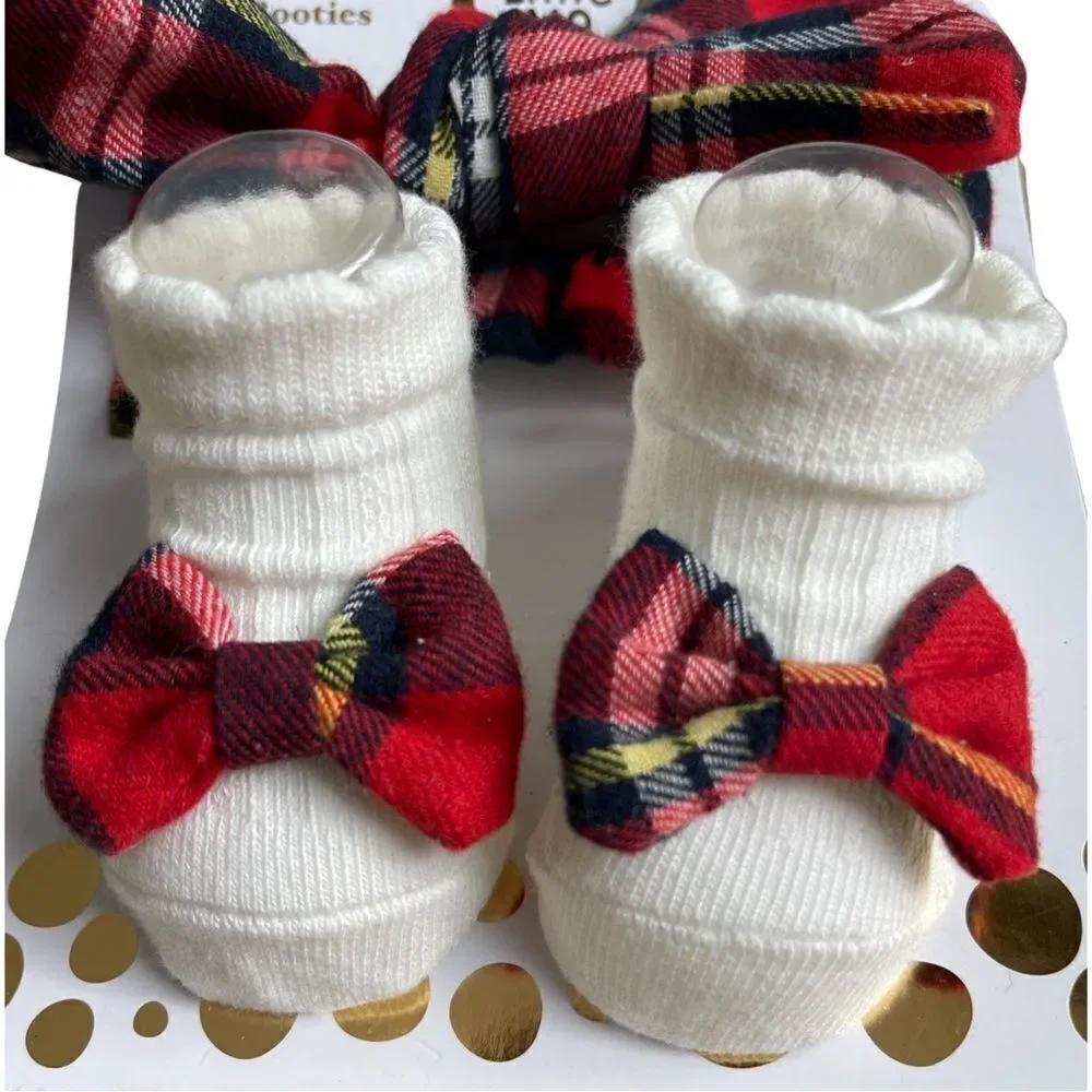 Little Me 0-12 Month Holiday Plaid Head-wrap with Bow & Matching Bootie Set NWT