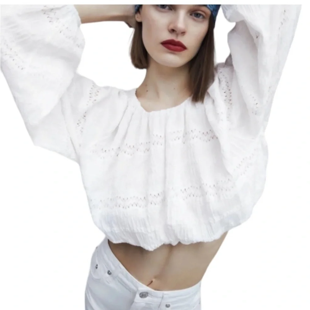 Zara White  Voluminous Women's Crop Top Blouse Size M