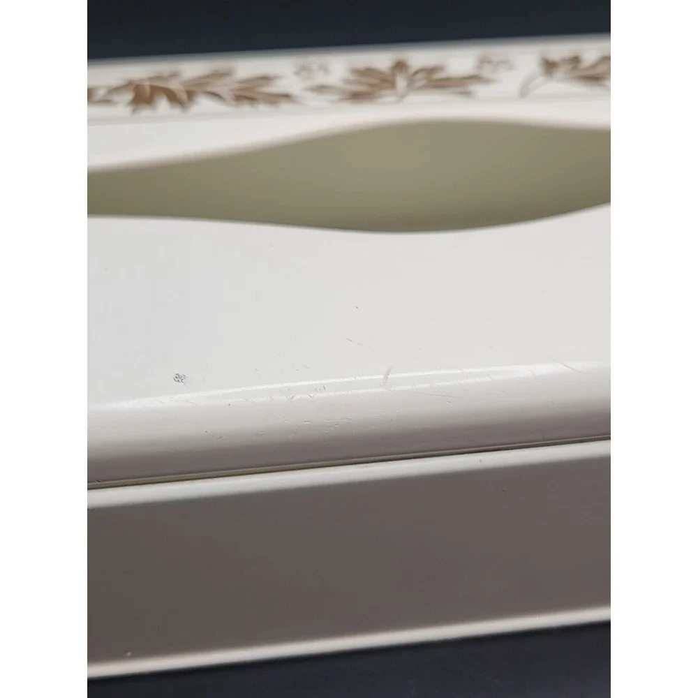 Vintage Ransburg Metal Tissue Box Holder White W/ Gold Leaf Design Mountable
