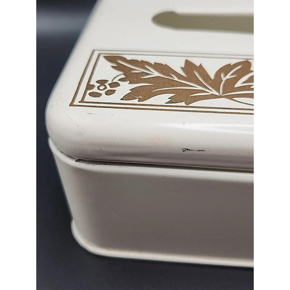 Vintage Ransburg Metal Tissue Box Holder White W/ Gold Leaf Design Mountable