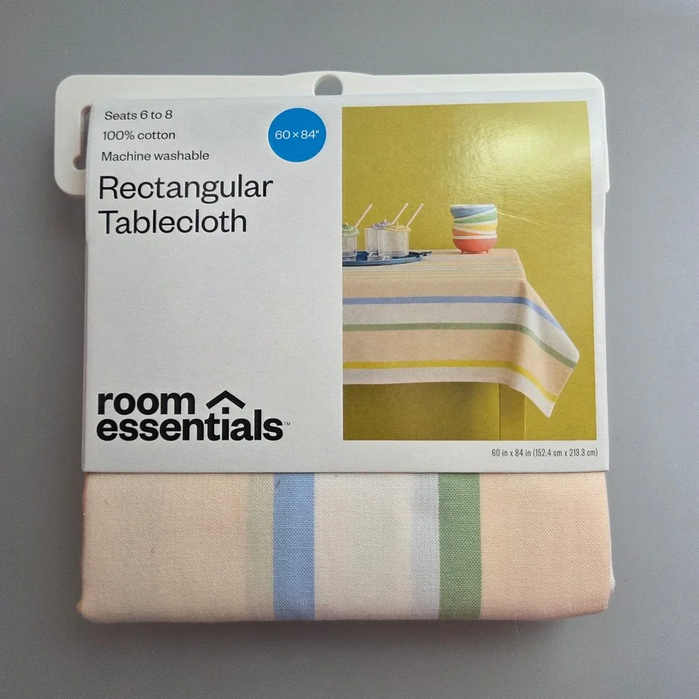 Room Essentials Rectangular Tablecloth 60x84 Cotton Pastel Stripe Seats 6-8 NEW