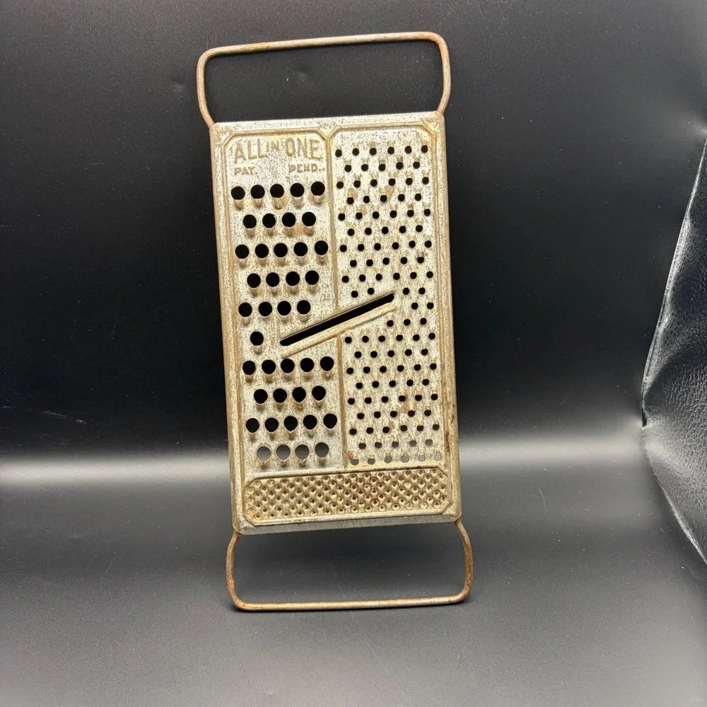 Vintage All-In-One Metal Cheese Grater Slicer Pat Pend Silver Tone Rustic Decor