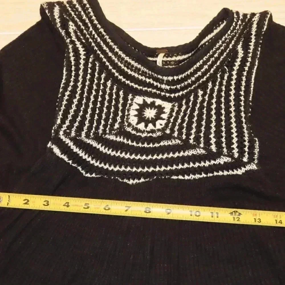 Free People Soul Mate Crochet Pattern Black Waffle Knit Top Shirt Size Small