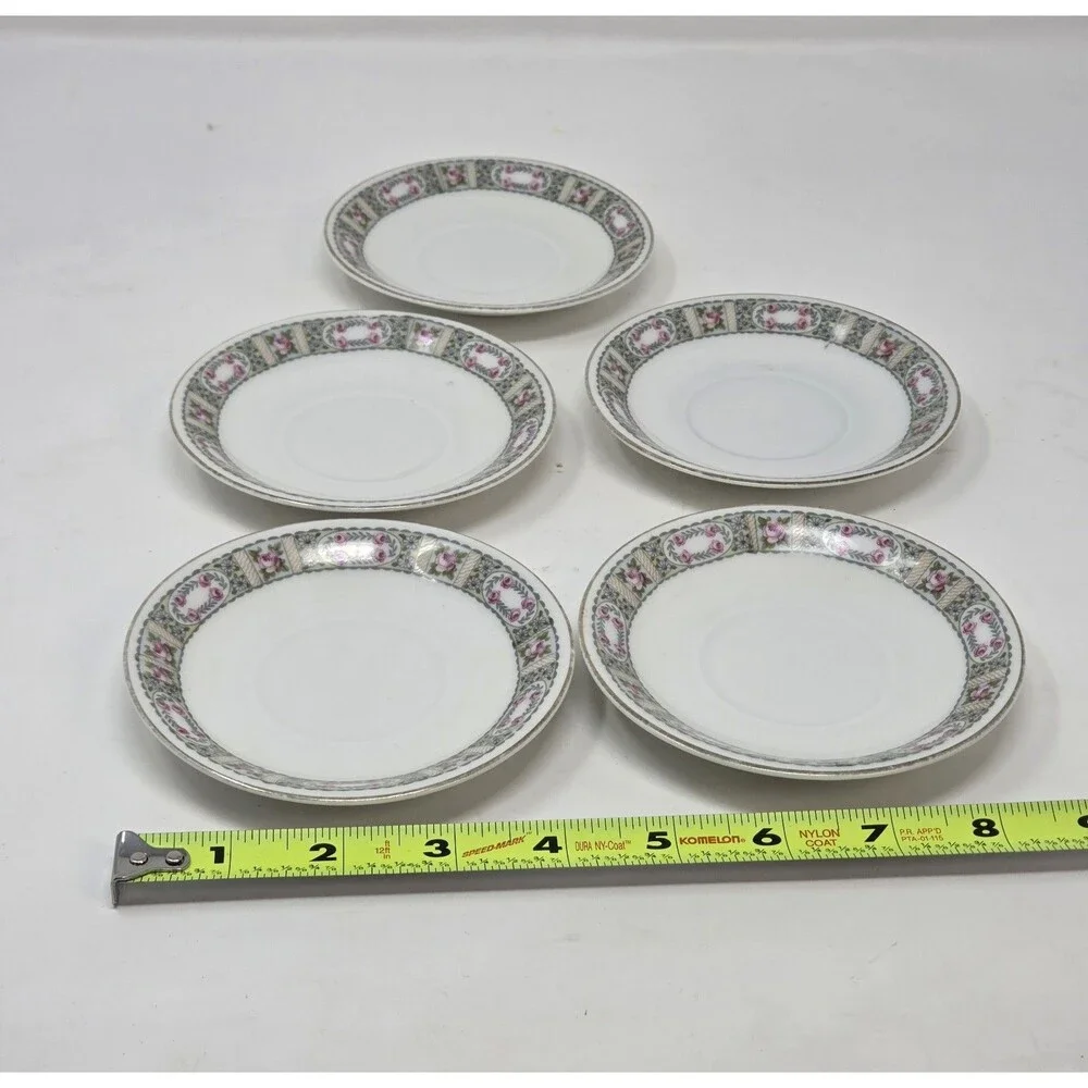 KPM Krister Germany Porcelain Saucer Set 5 Pink Rose Garland Gold Trim Antique