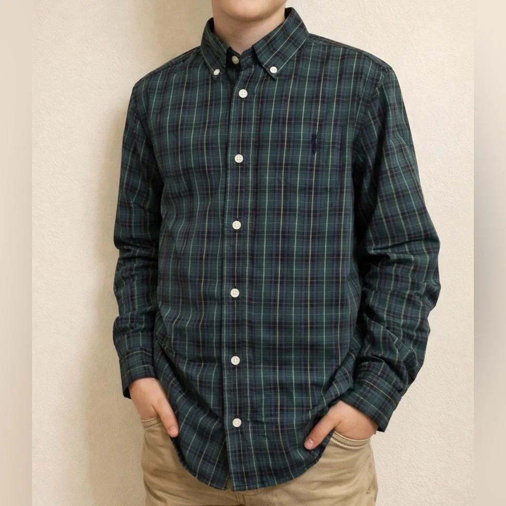 Ralph Lauren Boys Green Plaid Button Down Shirt L 14 /16 Cotton