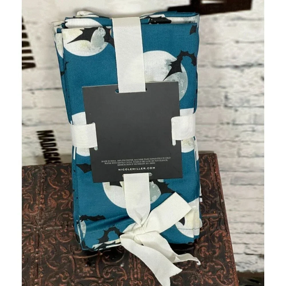Nicole Miller Home Set of 8 Teal Bats & Moon Print Cloth Napkins