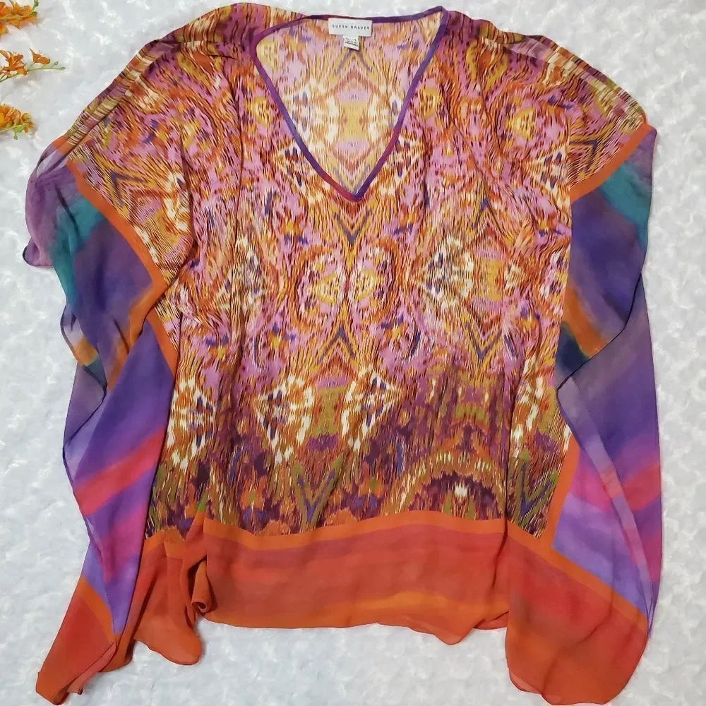Susan Graver size medium multicolored sheer pullover blouse with cold sh…