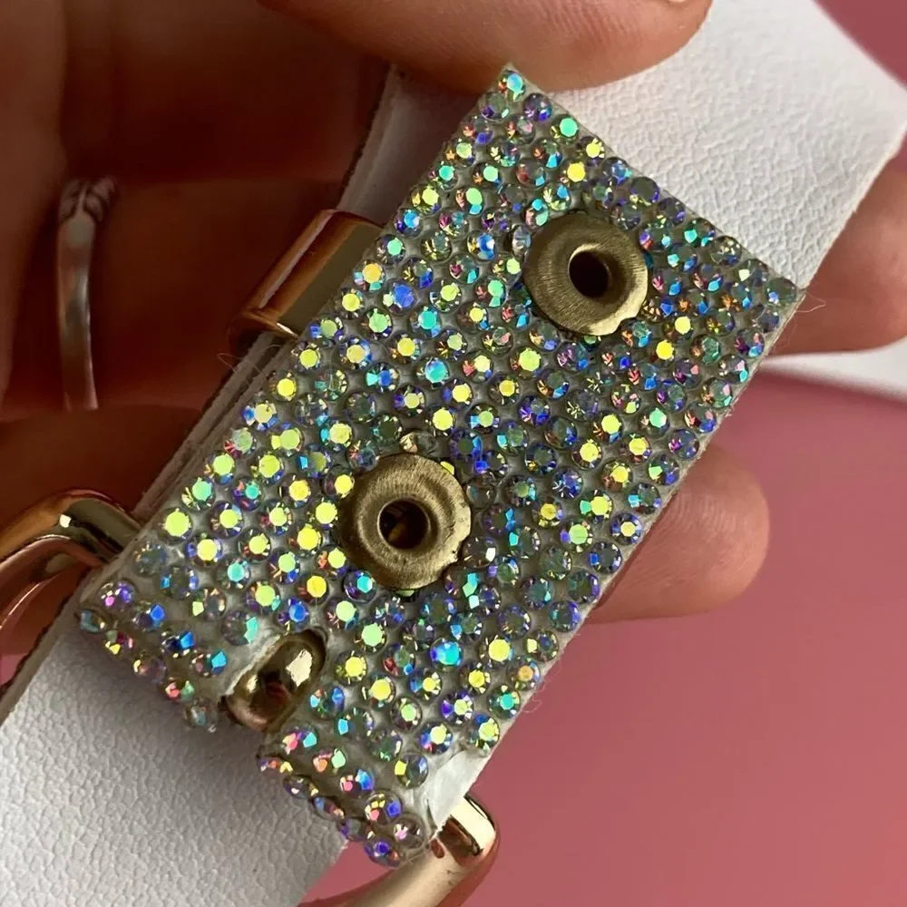 JUICY COUTURE SILVER RHINESTONES GOLD BUCKLE WHITE LEATHER BELT