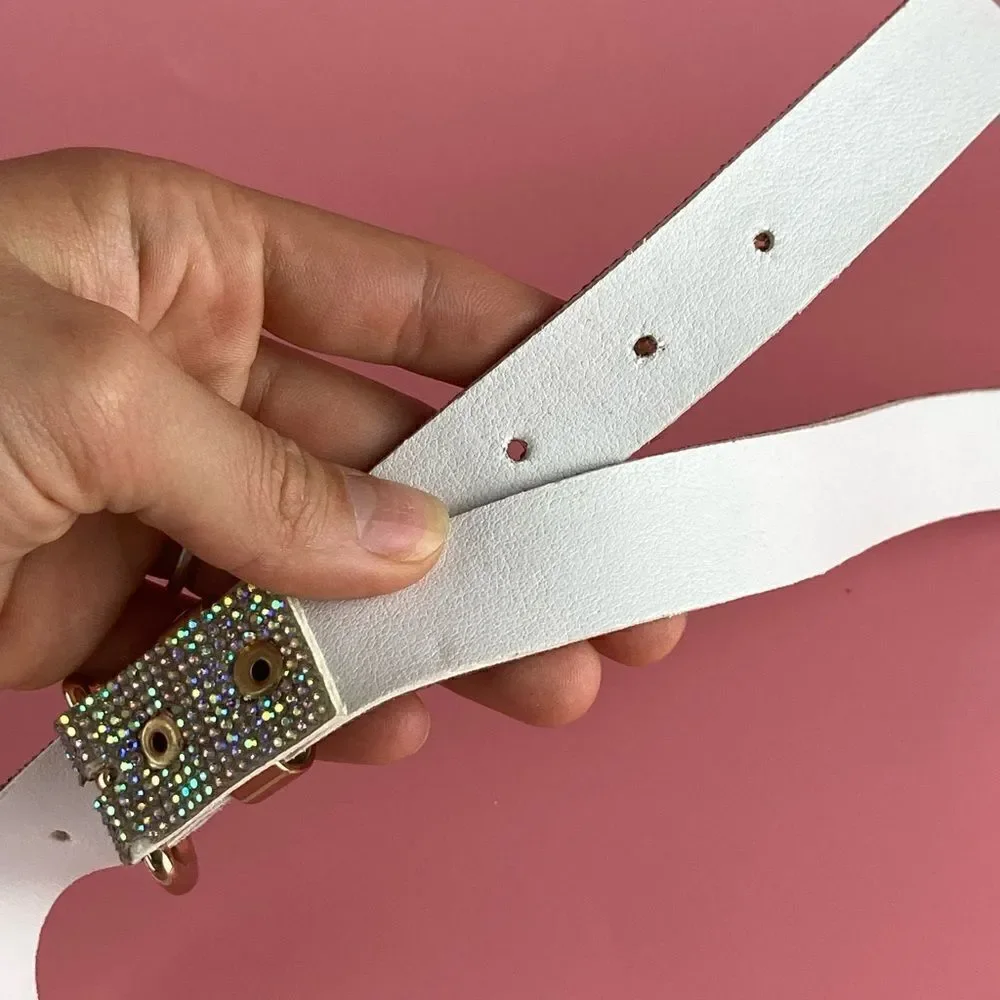 JUICY COUTURE SILVER RHINESTONES GOLD BUCKLE WHITE LEATHER BELT