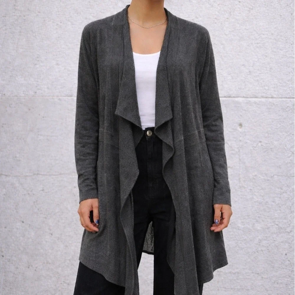 Eileen Fisher Charcoal‎ Gray Waterfall Open Front Cardigan Womens L Drape Knit