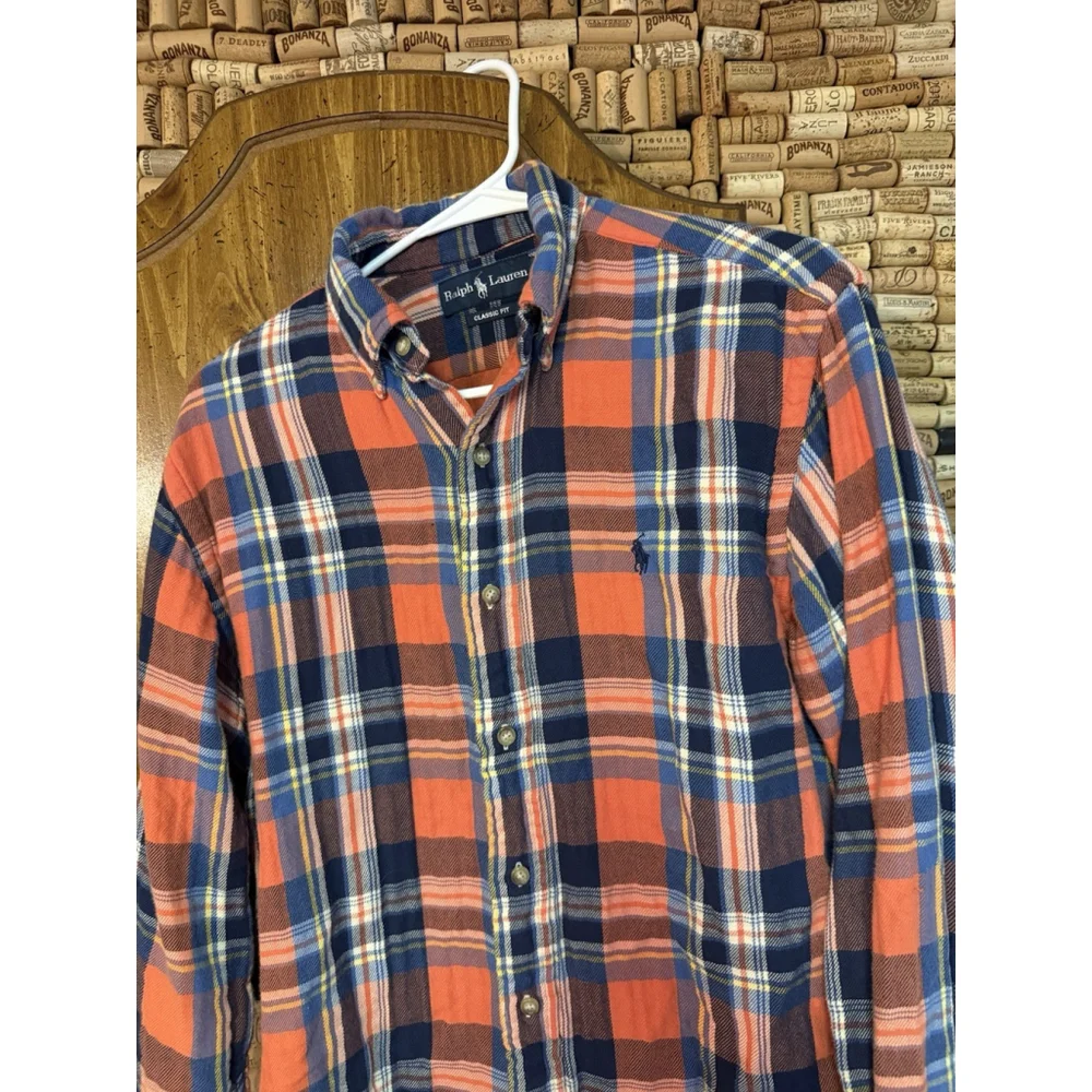 Ralph Lauren Polo Shirt Mens Orange Blue Plaid Flannel Mountain Equipment Logo S