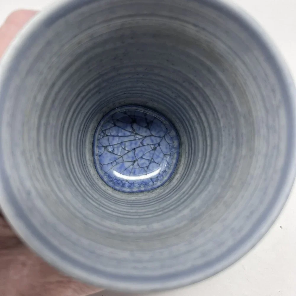 Owl Hand Thrown Pottery Cup Incised Design Blue Wash with Crackle Interior Matte