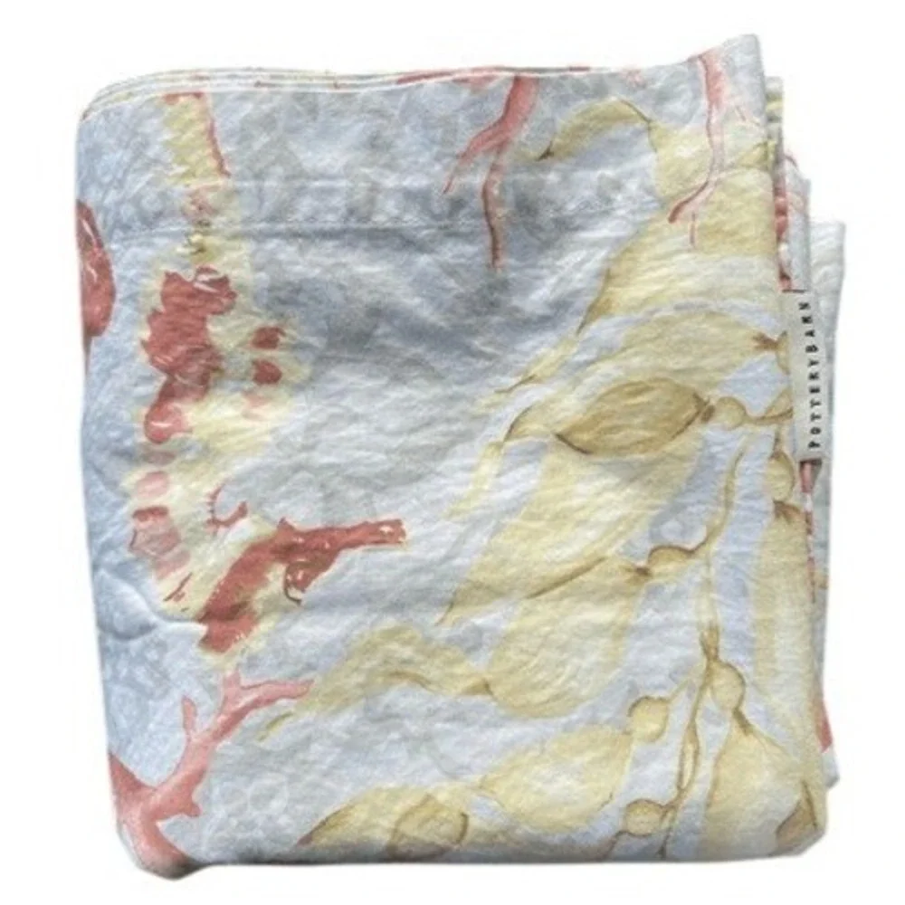 Pottery Barn 2011 Vintage Organic Cotton Coastal Coral Seahorse Tablecloth Rare