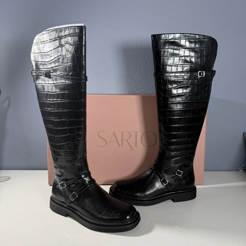 SARTO by Franco Sarto Ainsley Black Croc Embossed Leather Knee High Boots Size 7