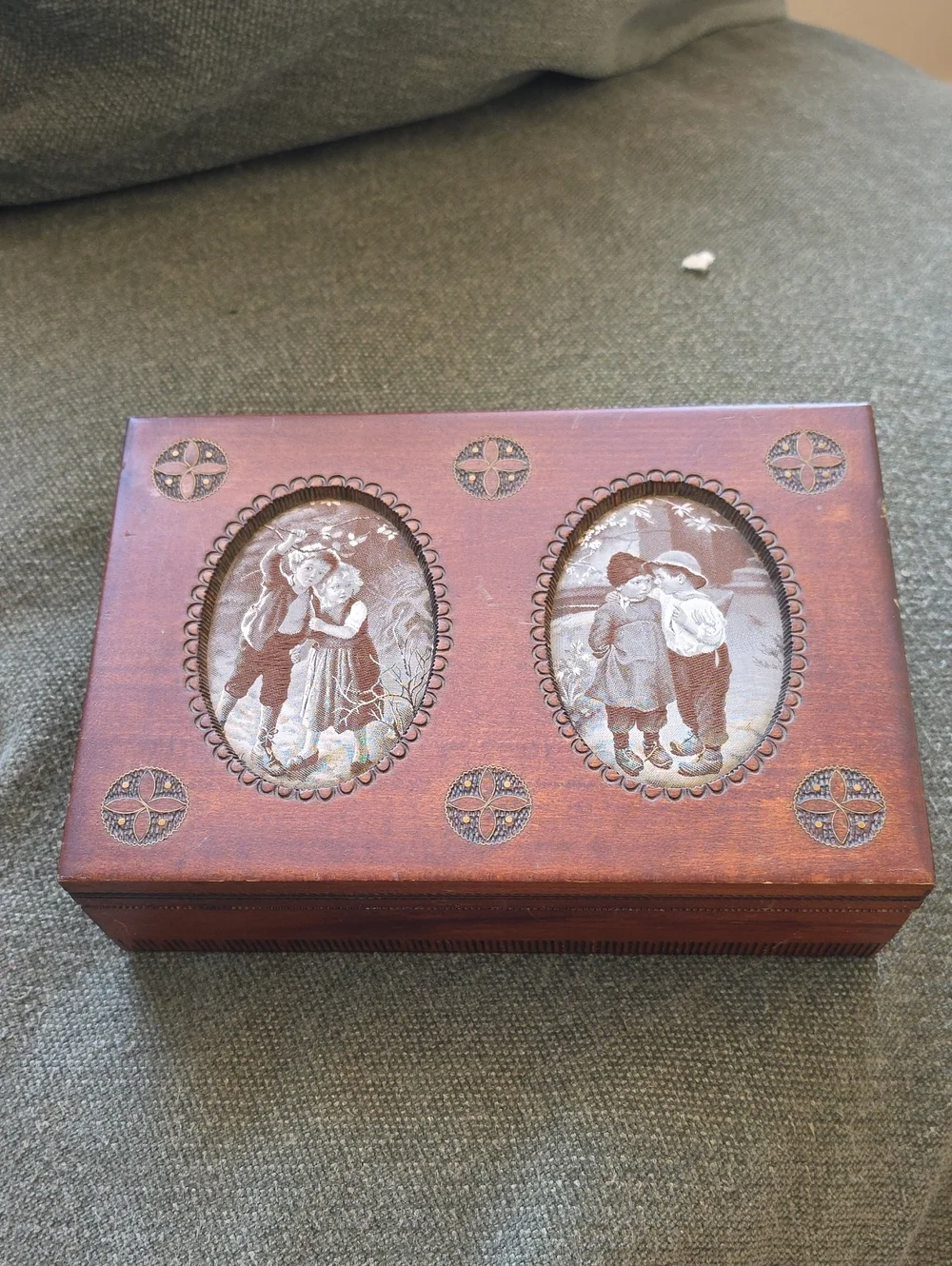 Vintage Polish Brown Wooden Trinket Box with Silk Print Insets