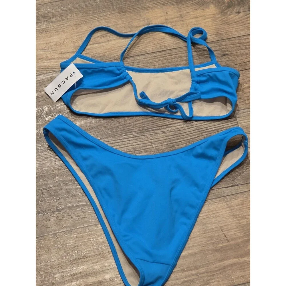 PacSun LA Hearts Bright Blue Bikini Set Bralette Top Size M, Cheeky Bottom L