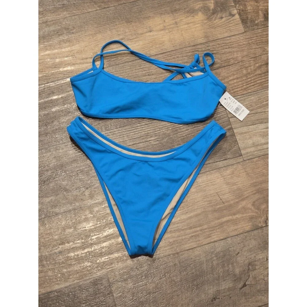 PacSun LA Hearts Bright Blue Bikini Set Bralette Top Size M, Cheeky Bottom L