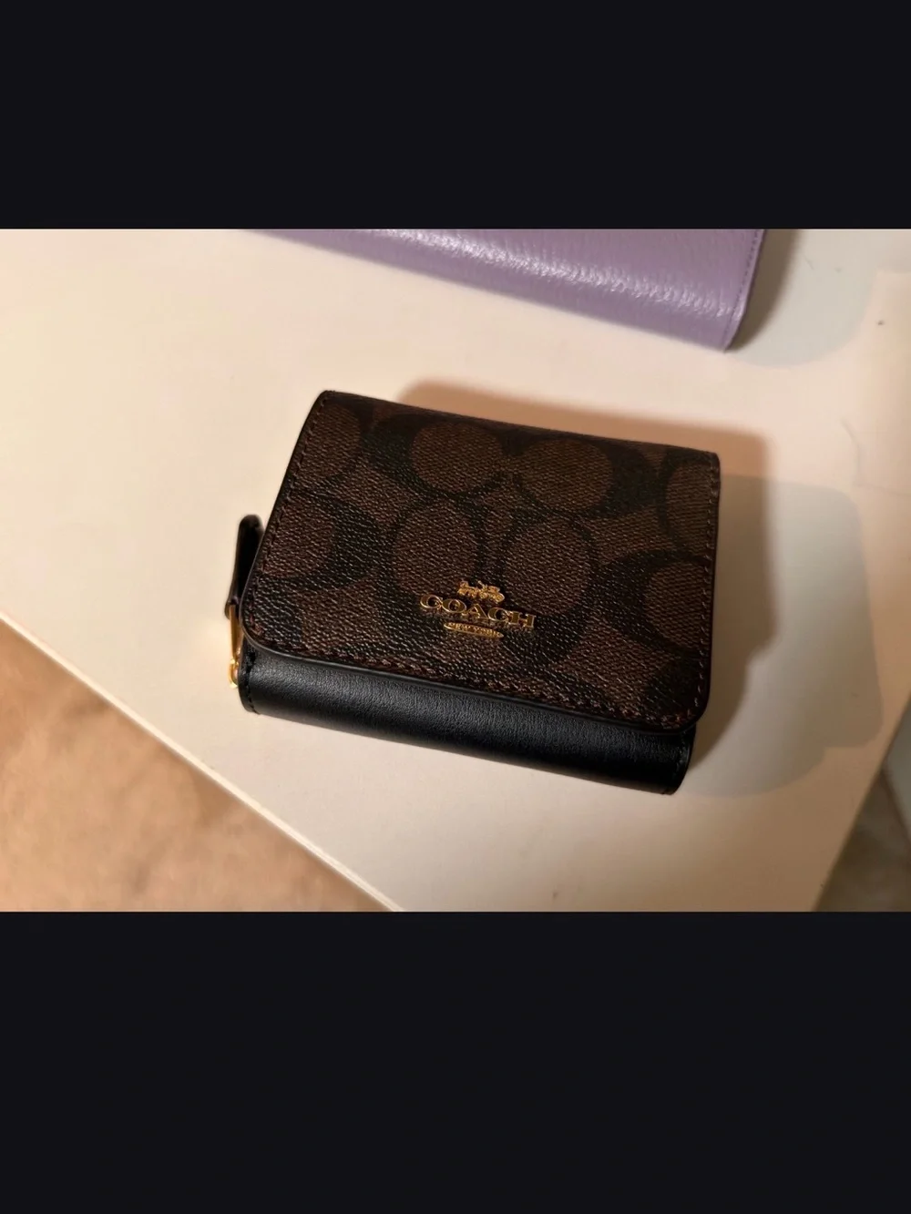 Coach Brown Signature Canvas Small Trifold Wallet with Black Trim