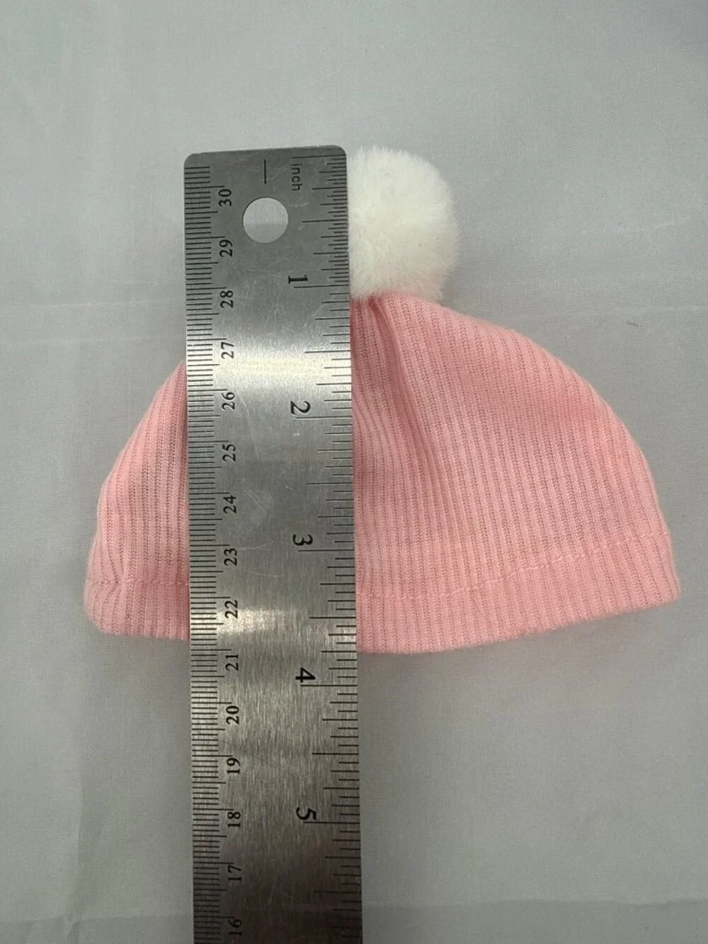 Our Generation Ribbed Knit Pink Baby Beanie Hat White Furry Pom Pom