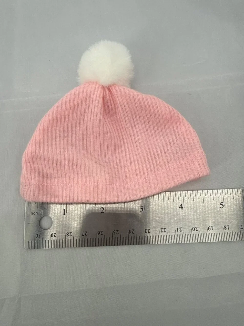 Our Generation Ribbed Knit Pink Baby Beanie Hat White Furry Pom Pom