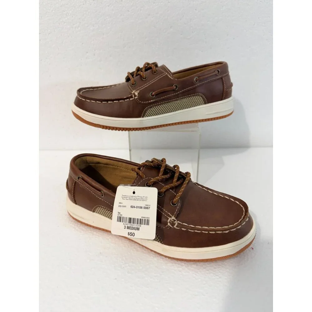Thereabouts Boys Tan Boat Shoes 3M Synthetic Leather Casual Deck Style