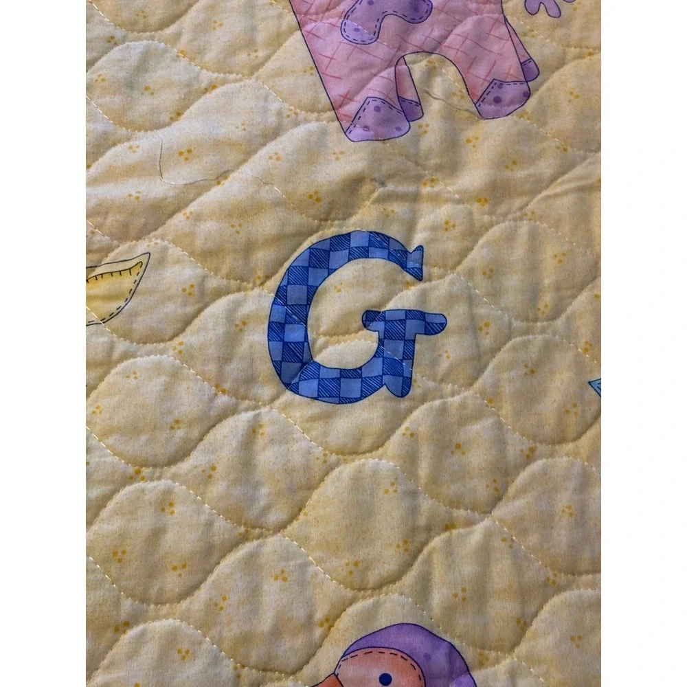 1990s  Baby Quilt Alphabet Animal Noahs Ark Nursery Blanket Yellow Pastel 34x41