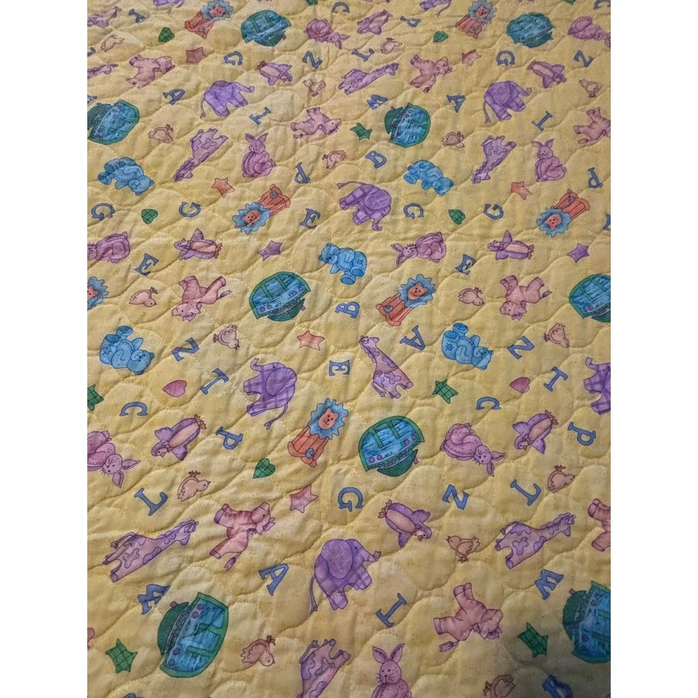 1990s  Baby Quilt Alphabet Animal Noahs Ark Nursery Blanket Yellow Pastel 34x41